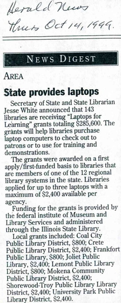 1999 Laptops for Learning Grant, Herald News article Oct. 14.jpg