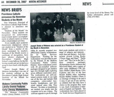2007 Dec. 20 Mokena Messenger article, early literacy workstations