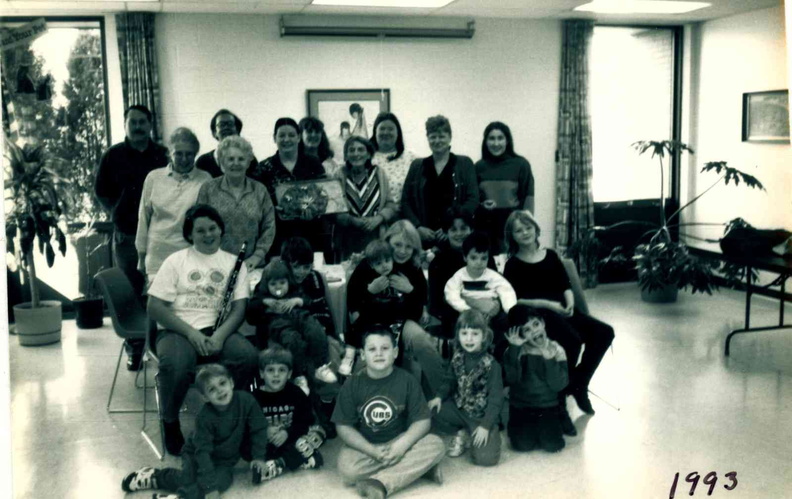 1993 Mokena Germanic Heritage Society (Saturday morning Community Room users) poses with staff Gwen Davis and Carol Rutkowski.jpg