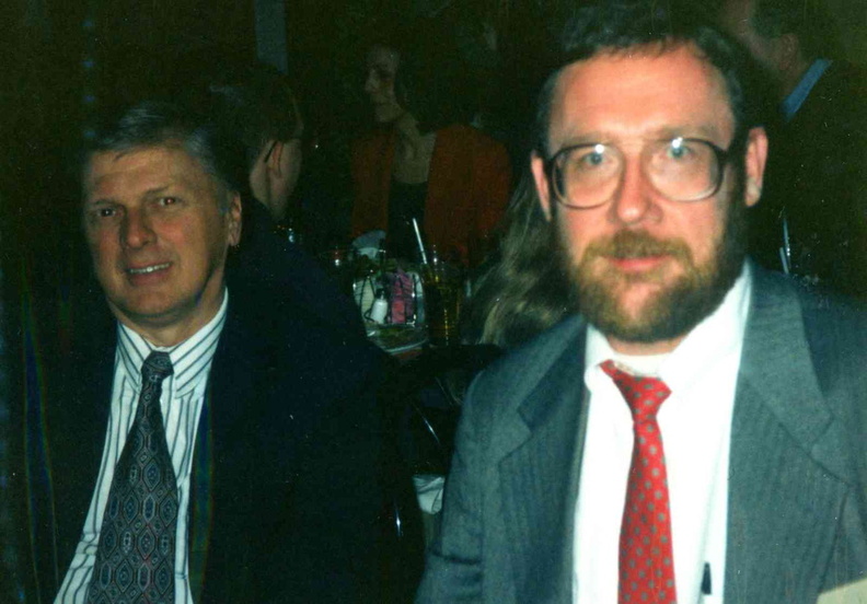 1995 Dec. 15 Staff and Board Christmas Party, Robert Neubauer, trustee, and John Even, lawyer.jpg
