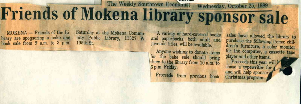 1989 Oct. newspaper article FOL Book Sale