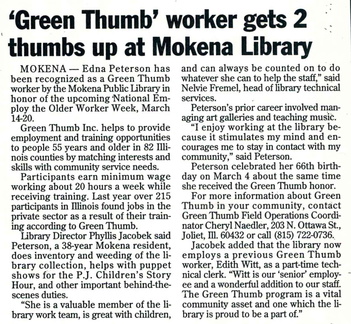 199- Edna Peterson, Green Thumb worker, article